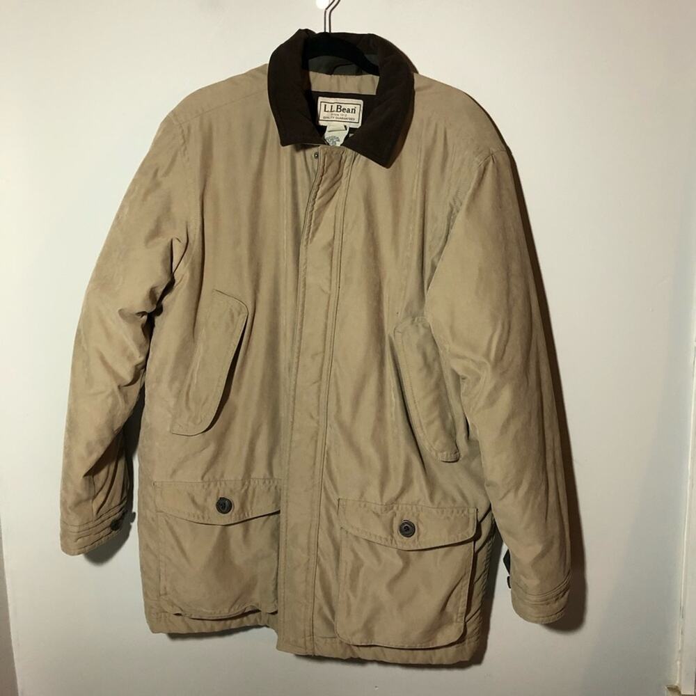 LL Bean mens L insulated hunting coat 0BDQ7 khaki with brown collar EUC barn